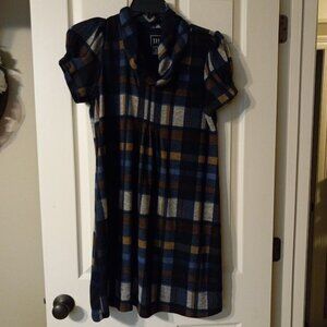 JH Design Navy Blue and Brown Plaid Dress with Cowl Neck Women's Size PL